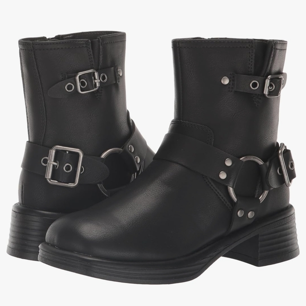STEVE Madden Beckky Black Faux Leather Harness Moto Biker Boots Size 3